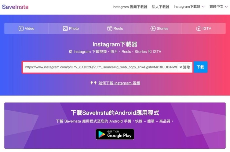 前往SaveInsta網站將你剛剛複製的連結貼入輸入框