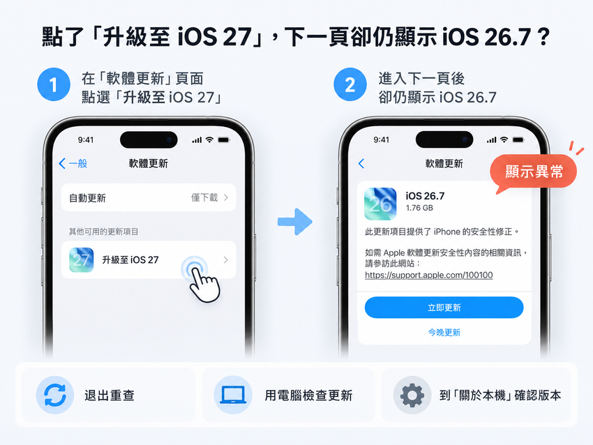 點升級至 iOS 27 後仍顯示 iOS 26.7