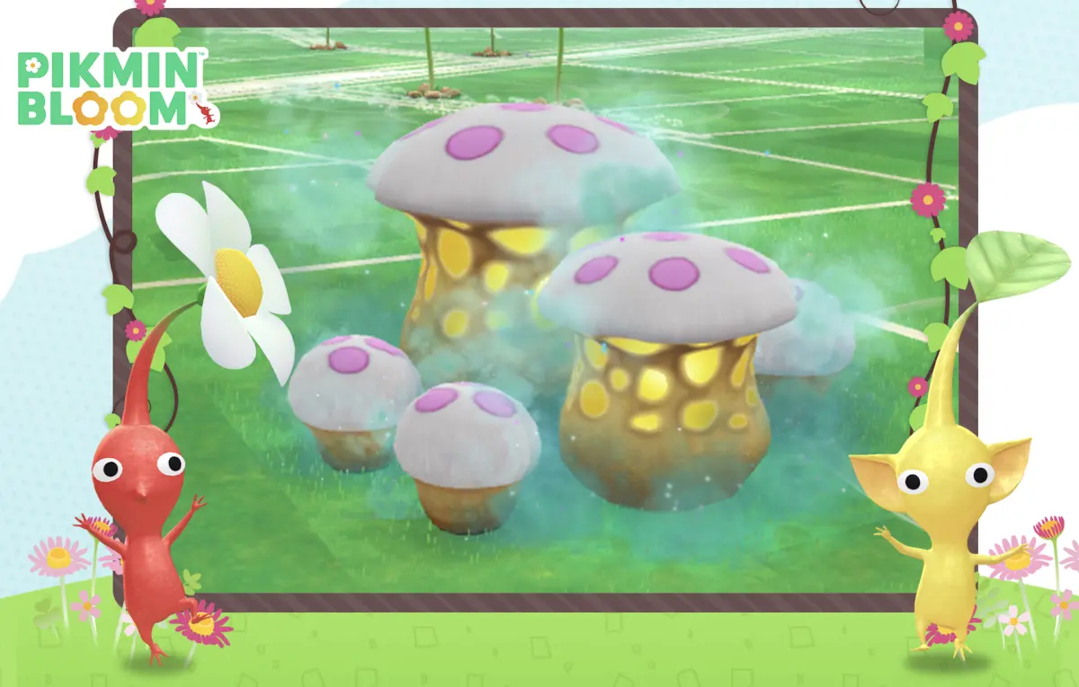 Pikmin Bloom 蘑菇戰與皮克敏取得花蜜獎勵的示意圖