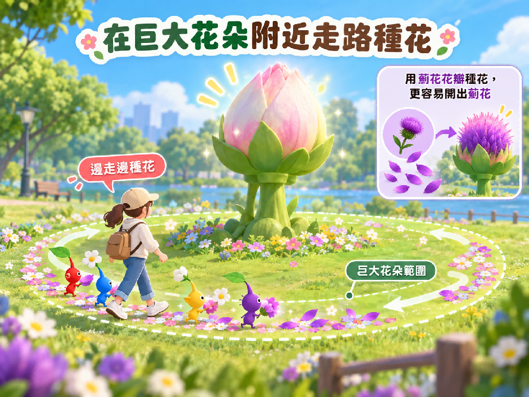 皮克敏在巨大花朵範圍內走路種花並使用薊花花瓣的示意圖