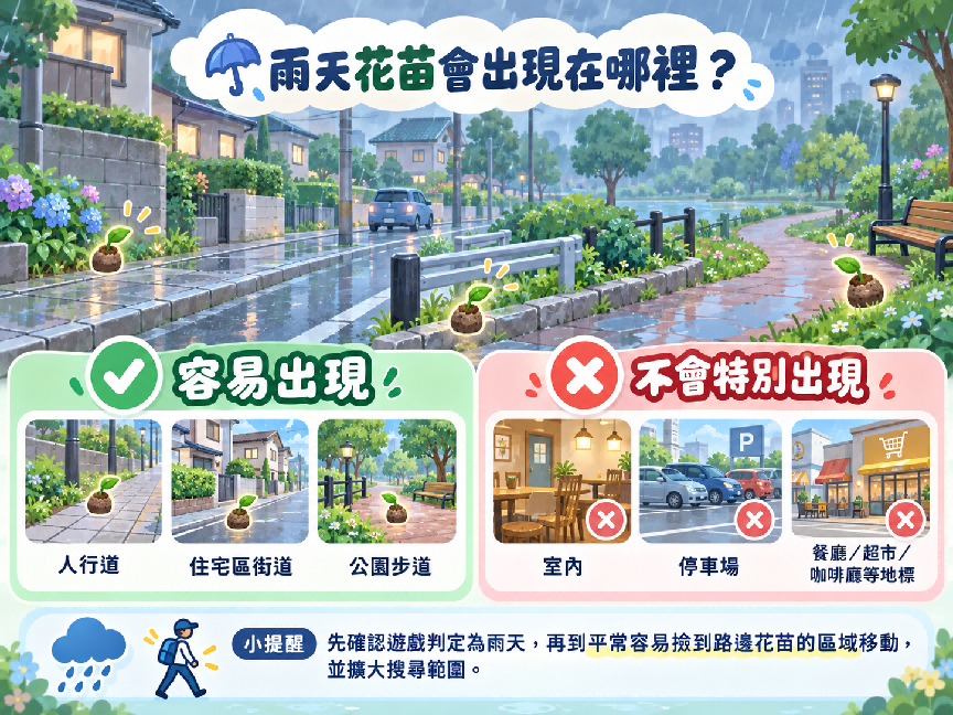雨天花苗容易出現在人行道、住宅區街道與公園步道的示意圖