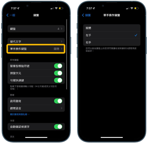 進入鍵盤選項開啟單手操作鍵盤