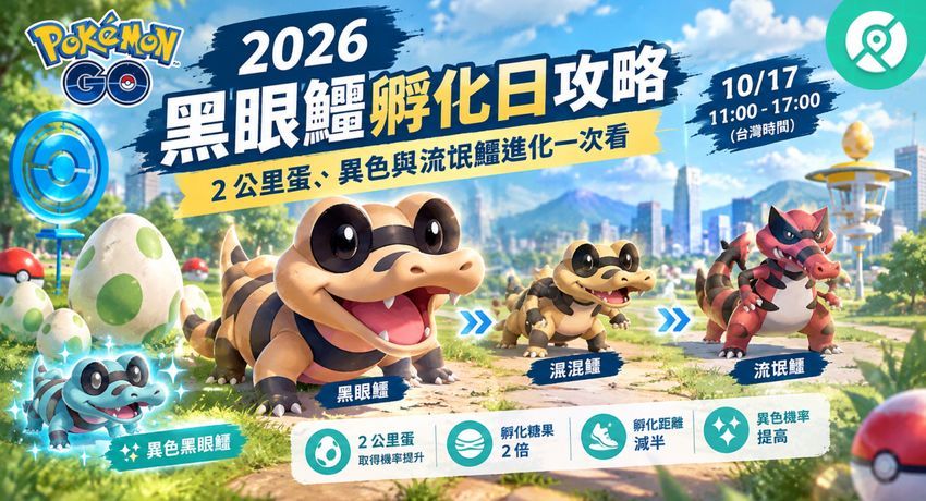 Pokémon GO 黑眼鱷孵化日活動與流氓鱷進化主圖