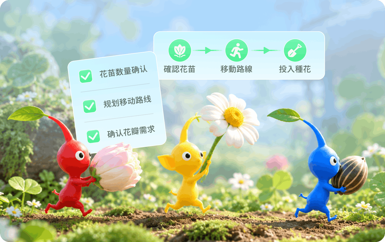 走路、餵食與種花
